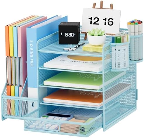 Marbrasse Desk Organizer with File Holder, 5-Tier Paper Letter Tray Organizer with Drawer and 2 Pen Holder, Mesh Desktop Organizer and Storage with Magazine Holder for Office Supplies(Blue)