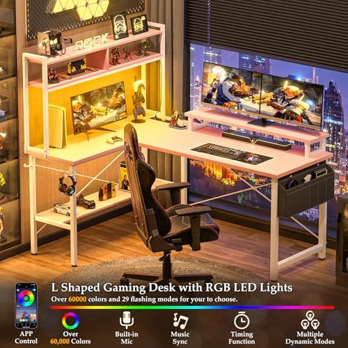 Aheaplus L Shaped Gaming Desk with Power Outlets & LED Lights, Pink