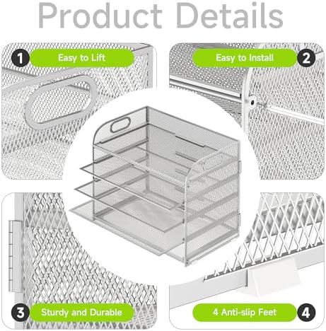 Cawukege 5 Tier Paper Organizer with Handle, Silver Metal Mesh Desk Organizer File Folder Paper Letter Tray Desktop Document Sorter for Classroom, School, Office Accessories Organization and Storage