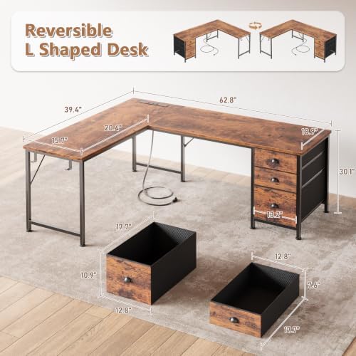 Furologee 63" L Shaped Desk, Office Corner Desk with Power Outlets, Brown