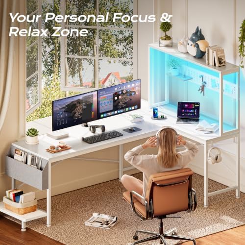 PRAISUN L Shaped Gaming Desk with LED Lights & Power Outlets