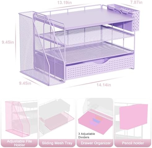 Wood Desk Organizers and Accessories with File Holder, 4-Tier Desk Accessories & Workspace Organizers with Drawer and Pen Holder, Desk Reference Organizer (Purple, 4T with Drawer)
