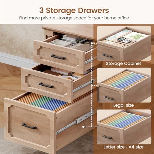SEDETA Farmhouse 70.9" Executive Desk, Home Office Desk with File Drawers and Storage Cabinet, Computer Desk with Power Outlet for Home Office, Work Study Writing, Oak