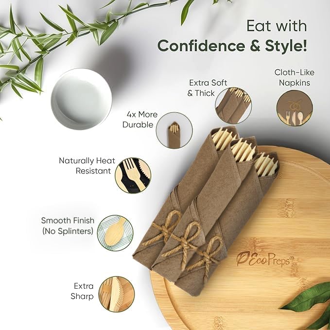 Premium Pre Rolled Napkin and Bamboo Cutlery Set with Brown Napkins (30 Pack, 120 PCS) 100% Biodegradable, Eco-Friendly, Disposable Wrapped Cutlery - Pre-Wrapped Bamboo Forks, Knives, Spoons