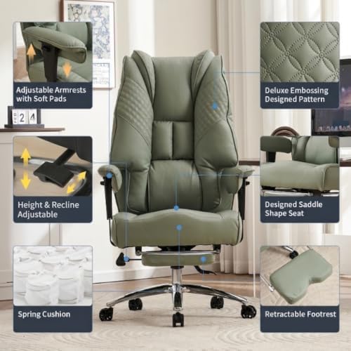 EXCEBET Big and Tall Office Chair 400lbs Wide Seat, Leather High Back Executive Office Chair with Foot Rest, Ergonomic Chairs Lumbar Support for Lower Back Pain Relief (Light Green)