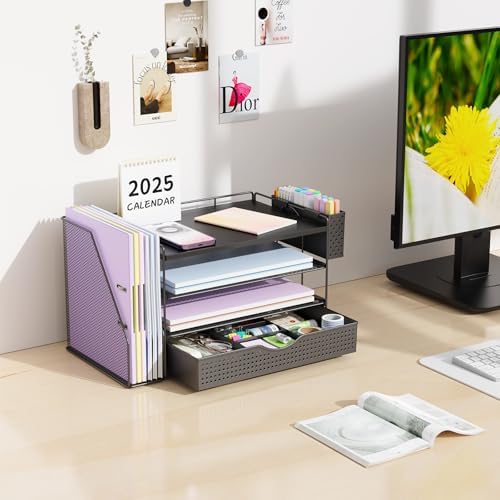 Wood Desk Organizers and Accessories with File Holder, 4-Tier Desk Accessories & Workspace Organizers with Drawer and Pen Holder, Desk Reference Organizer (Black, 4T with Drawer)
