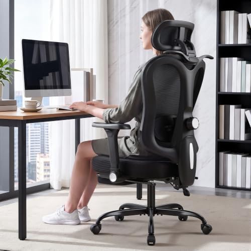 Furmax Ergonomic Office Chair with 3D Headrest & 4D Flippable Armrests, Adjustable Lumbar Support, 135° Recline, Breathable Mesh Seat, Height Adjustable Swivel Computer Desk Chair(Black)