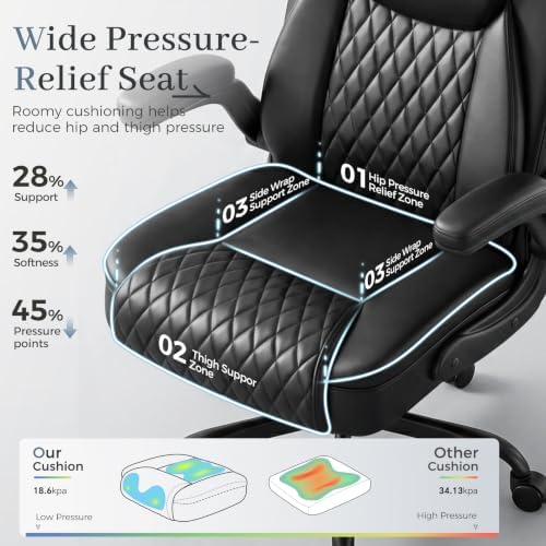 GTPOFFICE Executive Office Chair with Comfortable Lumbar Support, Ergonomic Gaming Chair with Flip-up Armrests & Zoned Pressure-Relief Cushion, Comfy PU Leather Desk Chair, Black