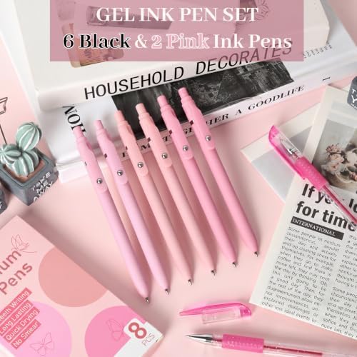 Fenmay 8 Pcs Gel Pens with Black & Pink Ink, 0.7mm Fine Point Smooth Writing Pens, Quick Dry & No Smudge, Cute Aesthetic Back-to-School Office School Supplies Gifts for Women & Students