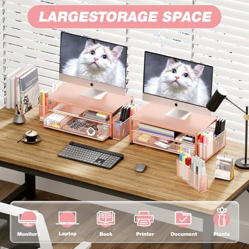 OPNICE Desk Organizer and Accessories, 2-Tier Computer Monitor Stand Riser with Drawer and 2 Pen Holders, Laptop Stand, Office Desk Accessories for Office Supplies, Rose