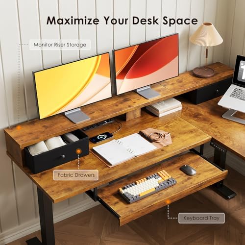 OffiGo 59 Inch L Shaped Electric Standing Desk with Drawers, Rustic Brown