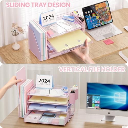 OPNICE Desk Organizer, 4-Tier Desktop File Organizer with Drawer and Pen Holders, Office Desk Accessories, File Sorters, Workspace Organizers for Office Supplies(Pink)