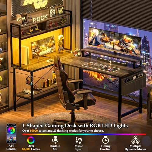 Aheaplus L Shaped Gaming Desk with Power Outlets & LED Lights, Black Oak
