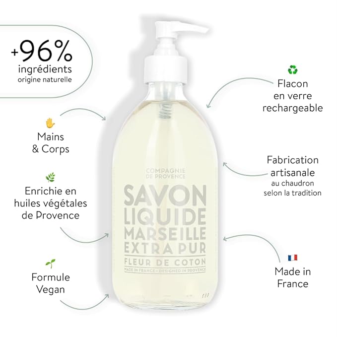Compagnie de Provence Savon de Marseille Extra Pure Liquid Soap - Cotton Flower - 16.7 Fl Oz Glass Pump Bottle