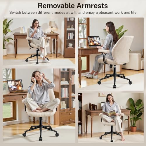 Leather Office Chair with Removable Armrests, Mid Back Ergonomic Desk Chair with Lumbar Support, Adjustable Height Rocking Swivel Executive Chair for Home Office, White