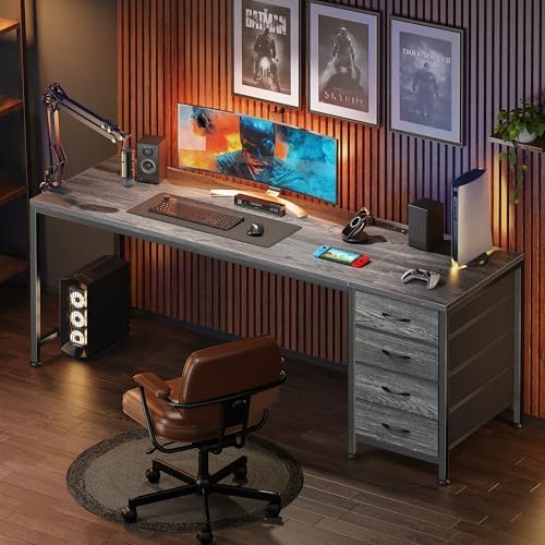 PRAISUN 63 Inch Computer Office Desk with Power Outelts and USB-C Port, Reversible Gaming Desk with 4 Fabric Drawers, Work Study Desk Work from Home, Grey