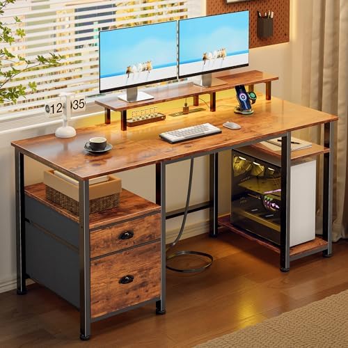 Furologee 51" Computer Desk with Outlets & LED, Desk with Drawers, Brown