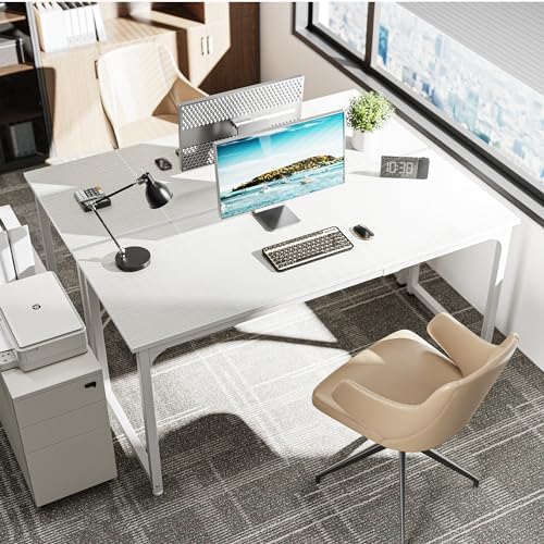 Huuger Computer Desk, 63 Inch Office Desk, Gaming Desk with Storage, Writing Desk Work Desk for Home Office, Study, Modern Simple Desk, Large Legroom, Metal Frame, White