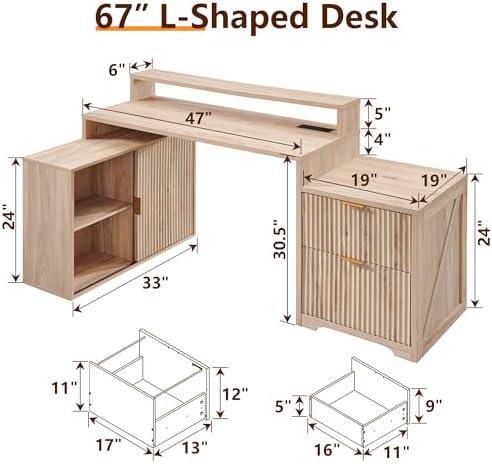 67" Modern Desk with Cabinet & 2 Drawers, Office Desk Built‑in Outlet