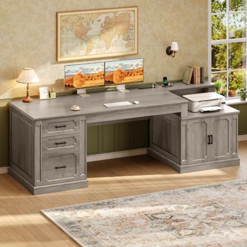 SEDETA Farmhouse 70.9" Executive Desk, Home Office Desk with File Drawers and Storage Cabinet, Computer Desk with Power Outlet for Home Office, Work Study Writing, Gray