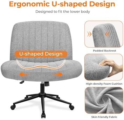 NEO CHAIR Criss Cross Chair with Wheels Armless Cross Legged Office Desk Wide Comfy Vanity Makeup Chair Adjustable Swivel Rolling Computer for Home Office Fabric (Grey)