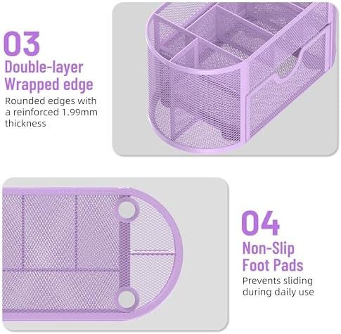 Mesh Desk Organizer with Drawer, 9-Compartment Pen Holder for Desk, Purple