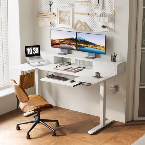 OffiGo 55 Inch U Shape Standing Desk with Keyboard Tray & Drawers, White