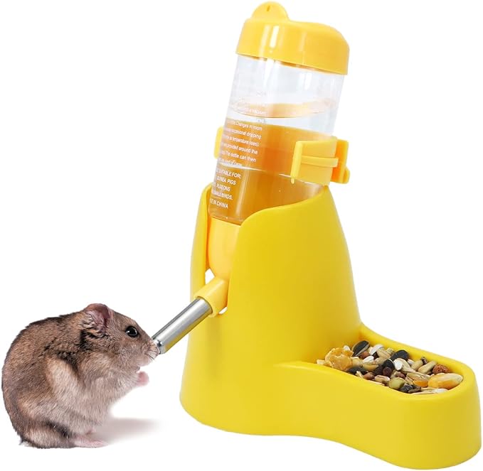 Wontee 3 in 1 Hamster Water Bottle with Food Bowl Hideout Base 80ML, Yellow | Water dispenser, food container, hideout, stable base, easy to refill, for glass tank/cage, dwarf hamster/mouse/gerbil, 2.7oz