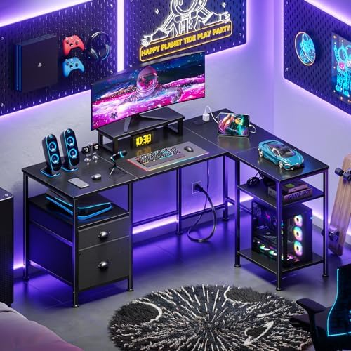 Furologee 50 Inch L Shaped Gaming Desk with Power Outlet and Drawers, Black