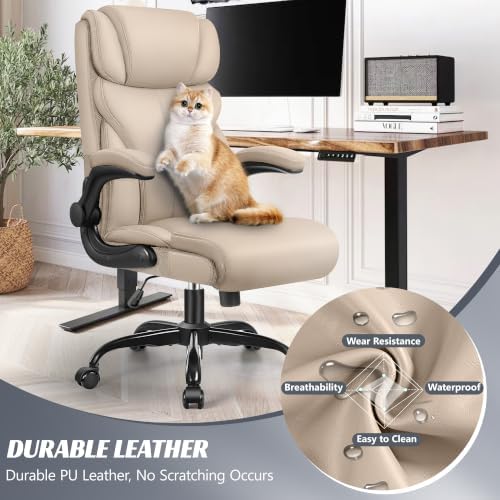 HeroSet Office Chair, Ergonomic Big and Tall Computer Desk Chairs, Executive Breathable Leather Chair with Adjustable Flip-up Armrests, Lumbar Support Swivel PC Chair with Rocking Function,Khaki