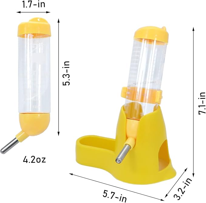 Wontee 3 in 1 Hamster Water Bottle with Food Bowl Hideout Base 125ML Yellow | Water dispenser, food container, hideout, stable base, easy to refill, for glass tank/cage, dwarf hamster/mouse/gerbil, 4.2oz