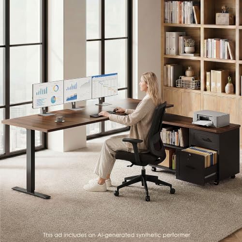 OffiGo 63" L Shaped Electric Standing Desk with Cabinet Sets, Walnut/Black