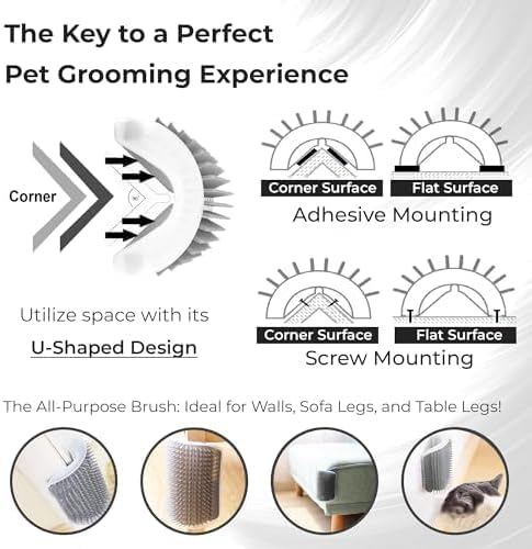 SunGrow Self-Grooming Brush for Ferrets & Cats, Light Gray Self Massager, Mountable to Corners and Flat Surfaces, Includes Brush, Catnip, Screws and Adhesive Tape (2 Pieces)