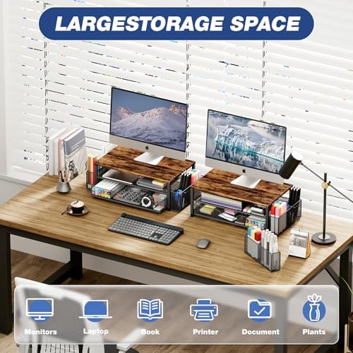 OPNICE Desk Organizer and Accessories, 2-Tier Computer Monitor Stand Riser with Drawer and 2 Pen Holders, Laptop Stand, Office Desk Accessories for Office Supplies, Brown