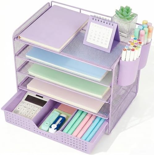 LEKETREE Desk Organizers and Accessories, 5-Tier Paper Letter Tray Organizer with Drawer & 2 Pen Holders, Desktop Organizer for Office Supplies (Purple)
