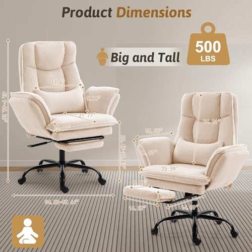 Wider Seat Office Chair with Flip Armrests for Criss Cross Legged&Cats, Big and Tall Executive Ergonomic Reclining Chair with Footrest&Lumbar Pillow, Teddy Fleece Desk Chair,Beige Vanity Chair