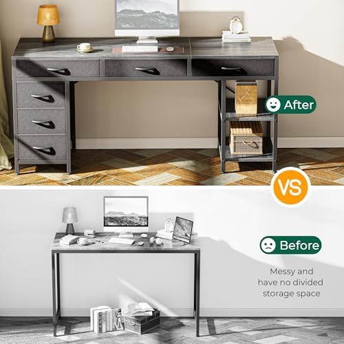 Huuger Computer Desk with 6 Drawers, Office Desk with Shelves, Reversible Gaming Desk, Corner Desk with Storage, Work for Home Office, Study, Living Room, 63inch, Grey