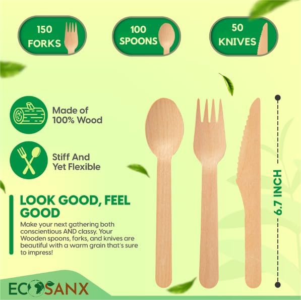 ECOSANX® 300 PCs Disposable Wooden Cutlery set 6.5" Splinter Free Compostable Utensils for party, Eco-Friendly, 100% All-Natural Bamboo Utensils set for picnic, Bamboo cutlery set for Events & More