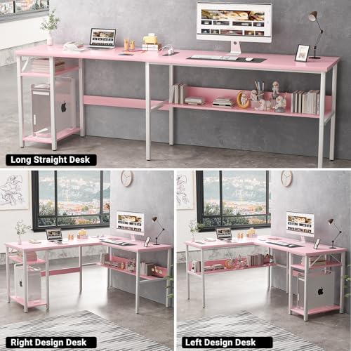 Unikito Reversible L Shaped Desk with Magic Power Outlets and USB Charging Ports, Sturdy Corner Computer Desk with Storage Shelves, Gaming Table Home Office Desk, Easy to Assemble, Pink
