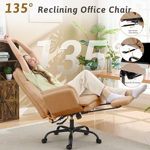 Wider Seat Office Chair with Flip Armrests for Criss Cross Legged&Cats, Big and Tall Executive Ergonomic Reclining Chair with Footrest&Lumbar Pillow, Teddy Fleece Desk Chair,Brown Vanity Chair