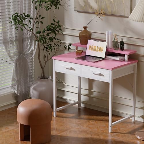 Pamray 32 Inch Small Computer Desk with Monitor Stand and 2 Drawers