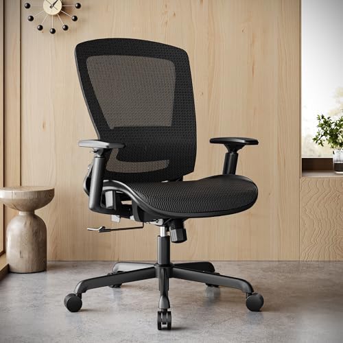 ELABEST Ergonomic Mesh Office Chair,Comfy Computer Desk Chair - BIFMA 5.1 Certified Commercial Swivel Task Chair for Home Office - Adjustable Lumbar Support & Armrests,Tilt Function,Wide Seat (Black)