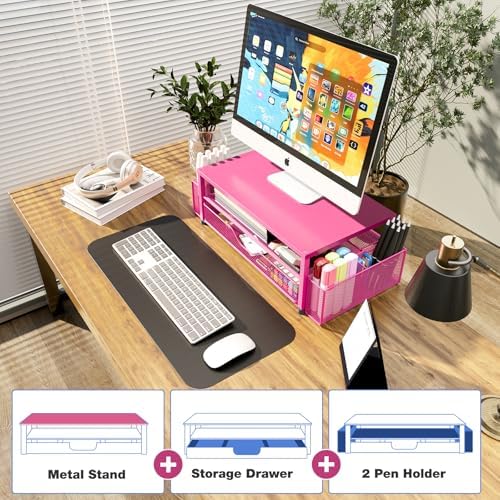 OPNICE Desk Organizers and Accessories, Computer Monitor Stand Riser with Drawer and 2 Pen Holders, Printer & Laptop Stand, Office Desk Accessories & Workspace Organizers for Home Office Supplies, Carmine Rose