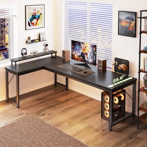 PRAISUN 61" L Shaped Computer Desk, Power Outlets, Monitor Stand, Black