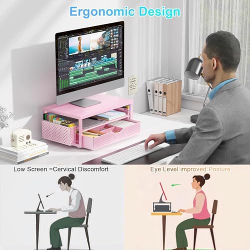 gianotter Desk Organizers and Accessories, Monitor Stand with Drawer and 2 Pen Holder, Desktop Organizer Suitable for Offices and Dormitories (Matte Pink)