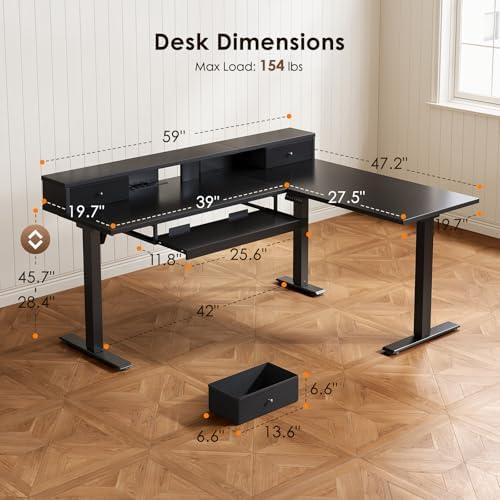 OffiGo 59 Inch L Shaped Electric Standing Desk with Drawers, Black
