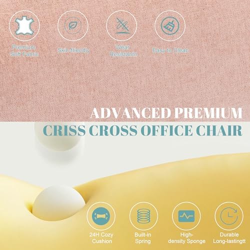 Flip Armrests Criss Cross Office Chair, Reclining Office Chair with Foot Rest, Adjustable Headrest, Massage Waist Pillow, Cross Legged Big and Tall Desk Chair Wide Seat Vanity Chair, Pink Fabric