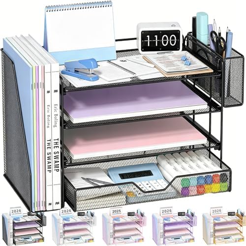 OPNICE Desk Organizers and Accessories, 4-Tier Desktop File Organizer with Drawer and Pen Holders, Office Desk Accessories Workspace Organizers for Office Supplies (Soft Black)