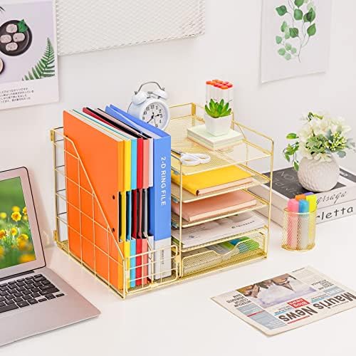 Marbrasse Desk Organizer with File Holder, 5-Tier Paper Letter Tray Organizer with Drawer and 2 Pen Holder, Mesh Desktop Organizer and Storage with Magazine Holder for Office Supplies (Gold 2p)