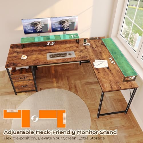 PRAISUN 55 Inch L Shaped Desk with Power Outlets and USB-C Port, Computer Corner Home Office Desk with File Fabric Drawers and Movable Monitor Stand, Larger Storage for Gaming, Study, Rustic Brown